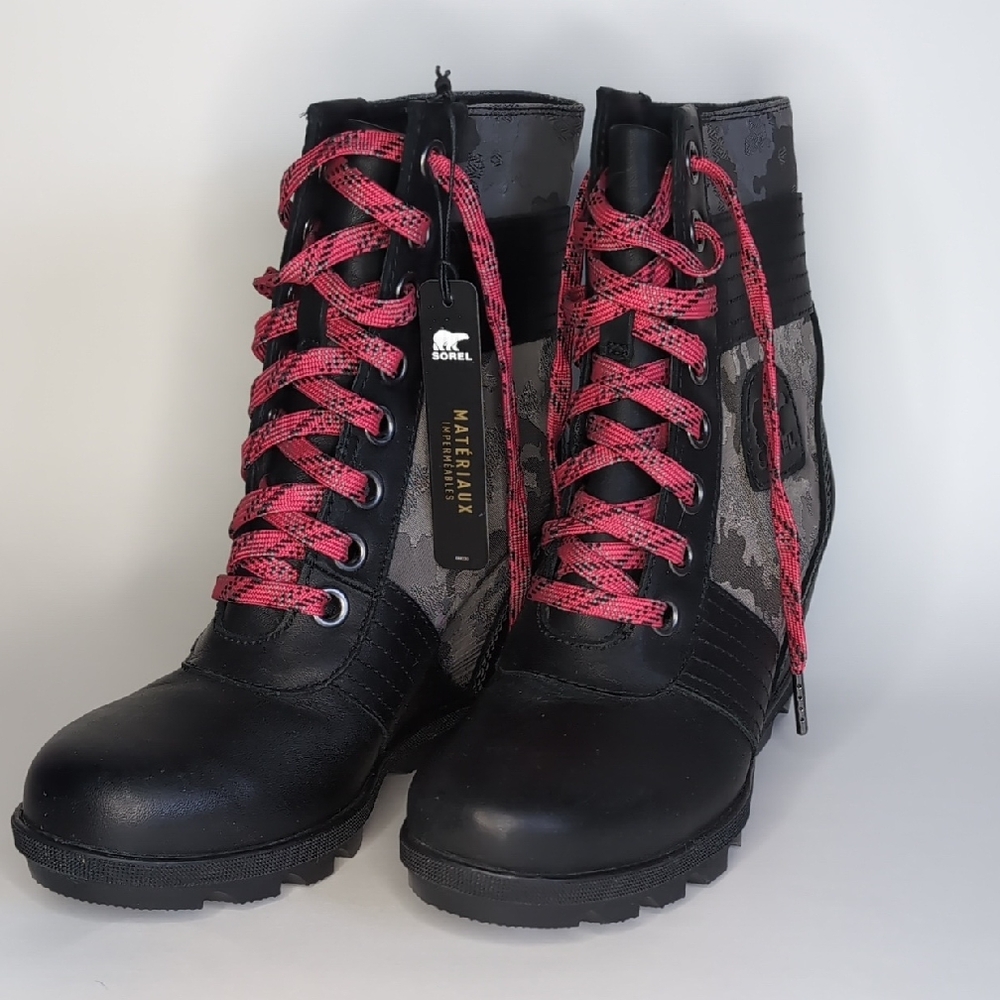 Sorel Lexi  Black and Pink Lace Up Waterproof Wedge Boots